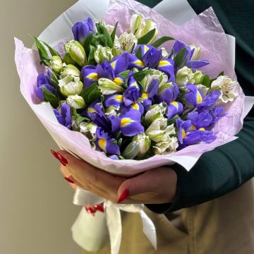 15 синих ирисов и 10 белых альстромерий N